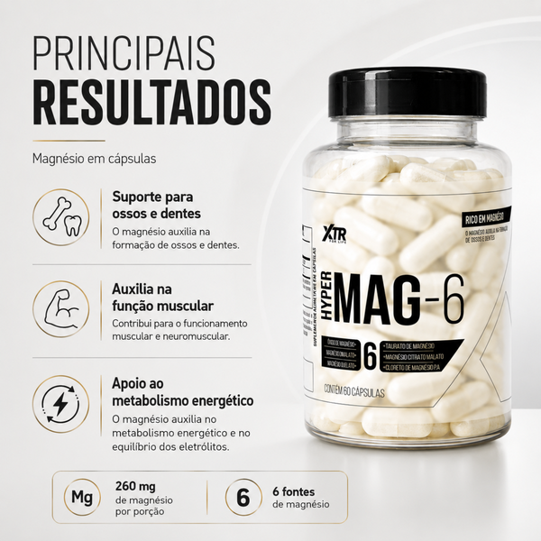 Hyper Mag-6 Magnésio Dimalato Quelato Taurato Malato Energia E Vigor 60 cápsulas Xtr