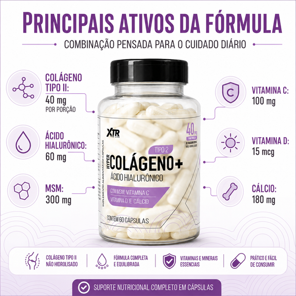 Colágeno Tipo 2 Ácido Hialurônico 60 Cáps Vitamina C D Cálcio Msm