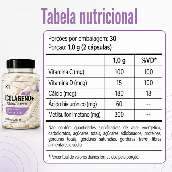 Colágeno Tipo 2 Ácido Hialurônico 60 Cáps Vitamina C D Cálcio Msm