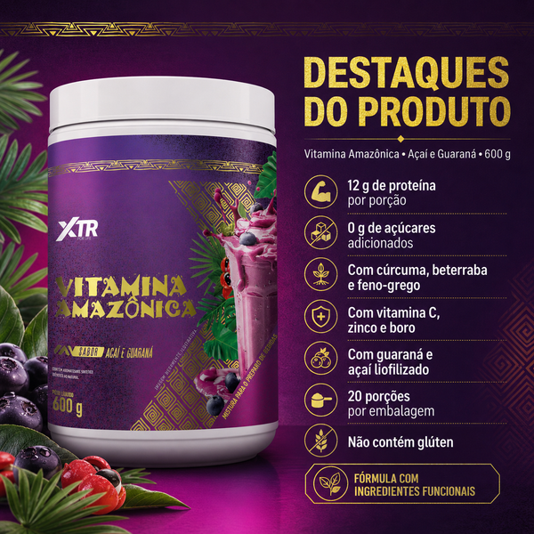Whey Protein Vitamina Amazônica de Açai com Guaraná Super Alimento Energético Natural 600g