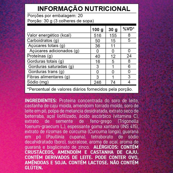 Whey Protein Vitamina Amazônica de Açai com Guaraná Super Alimento Energético Natural 600g