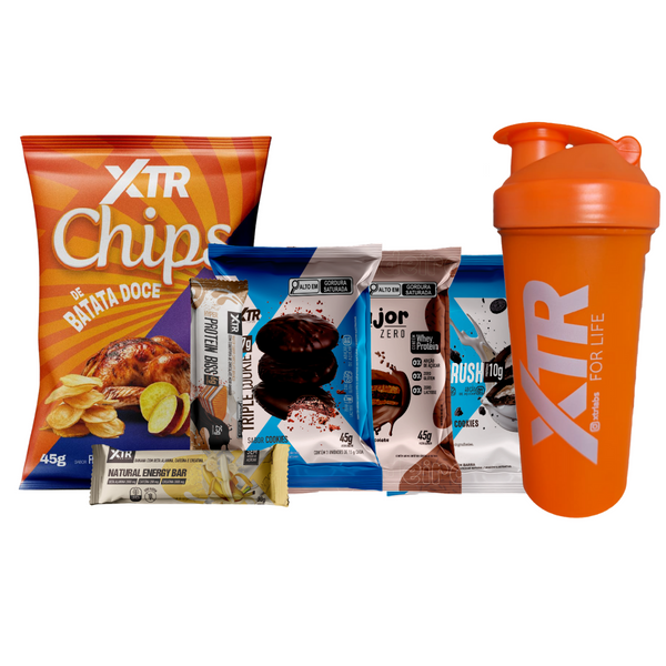 COMBO XTR 1 SNACK DE CADA: BATATA, TRIPLE COOKIES, EDEN CRUSH, ALFAJOR, HYPER BISS E NATURAL BAR + 1 COQUETELEIRA XTR