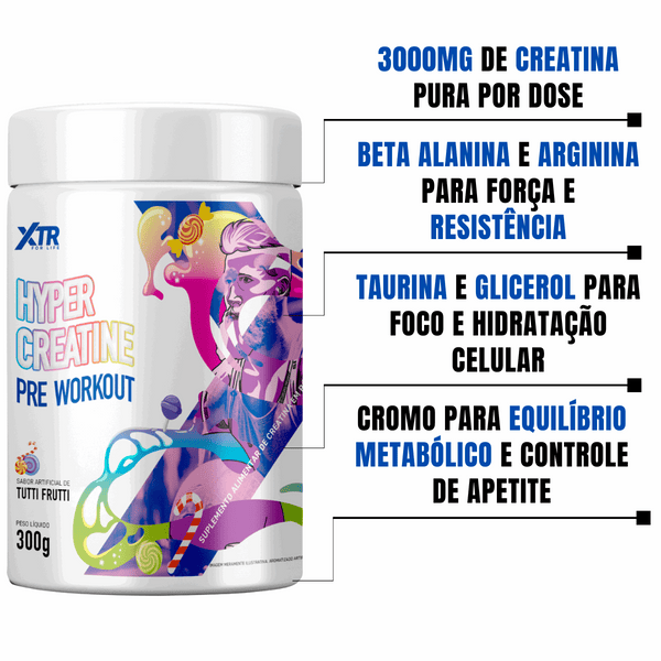Hyper Creatine Pre workout Xtr 300g – Pré - Treino com Taurina e Beta Alanina+ Coqueteleira Brinde - Trincou Supplements
